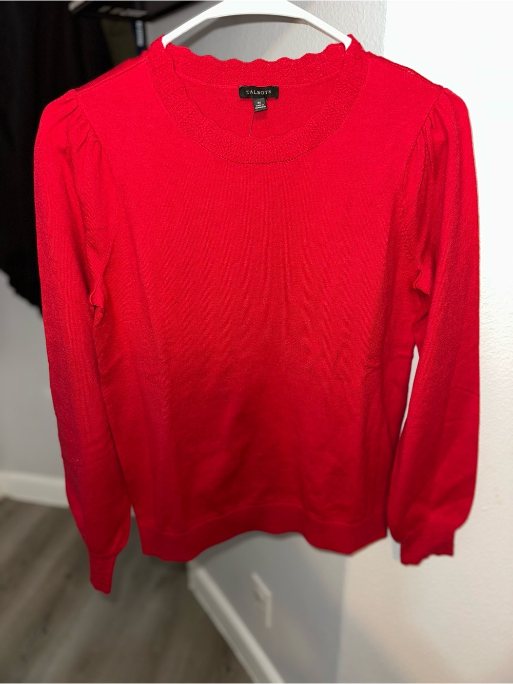 Talbots Bright Red Crewneck Sweater with Scalloped Trim